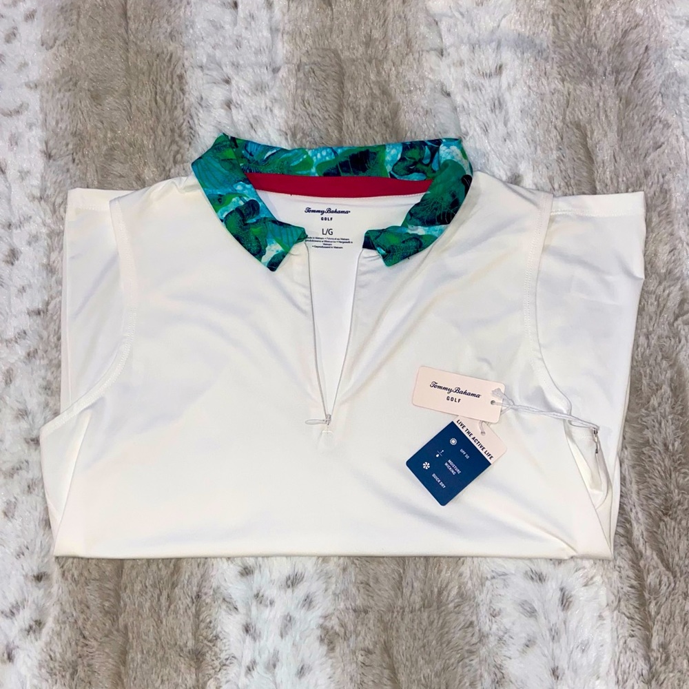 NWT Tommy Bahama Golf 1/4 zip sleeveless polo shirt- floral tropical collar